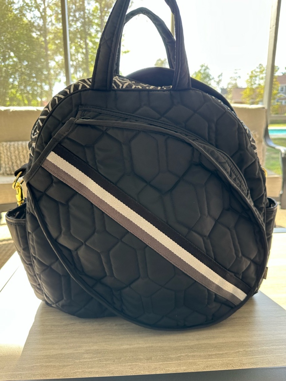 Cinda B Black Quilted Crossbody tennis Bag Adjustable Strap in Jet Set print